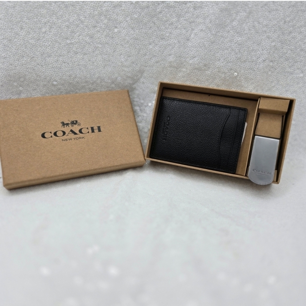 Coach Boxed Card Case & Money Clip Gift Set Black Leather - Picture 9 of 12
